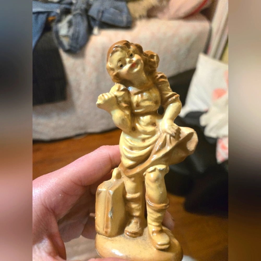 Charming Tan Figurine from the fifties. Hitchhiker girl